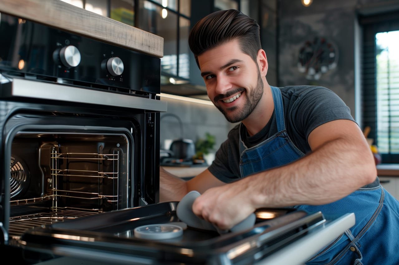 technician repairing microwave